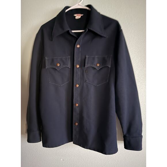Rare Vtg Levi's Navy Western Shirt Polyester Large Black Tab Snap 60’s sta-prest